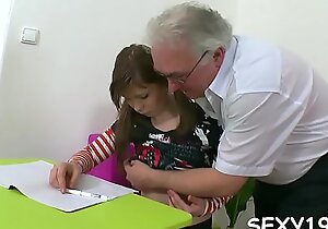 Excited aged tutor gives young babe a powerful indoctrinate