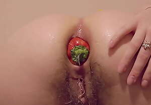 Best Extreme Vegetable Anal Insertion! From secretly brunette fucks her hairy arsehole together with shows her gaping loot  Homemade fetish in the kitchen
