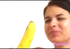 How-to: juvenile pessimistic girl teaches without fail a banana